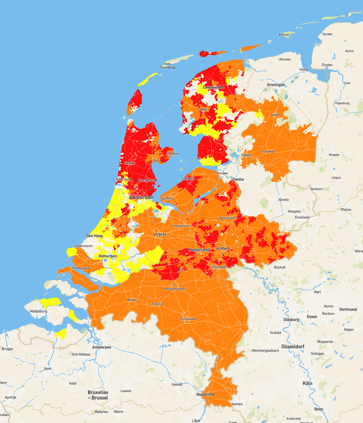 De capaciteitskaart van Netbeheer Nederland. Hoe donkerder de kleur, hoe groter het probleem rondom netcongestie