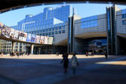 European Parliament headquarters in Brussels - Spring season. ' Inside-out ' Photo exhibition on passerelle Adenauer