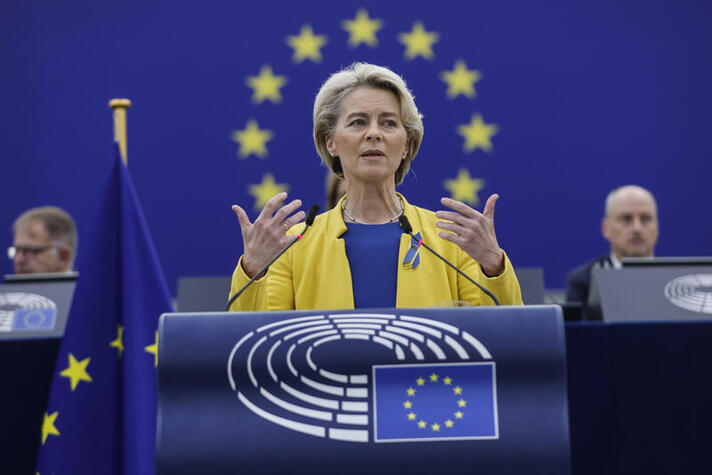 Ursula von der Leyen tijdens state of the union in het Europees Parlement in Straatsburg